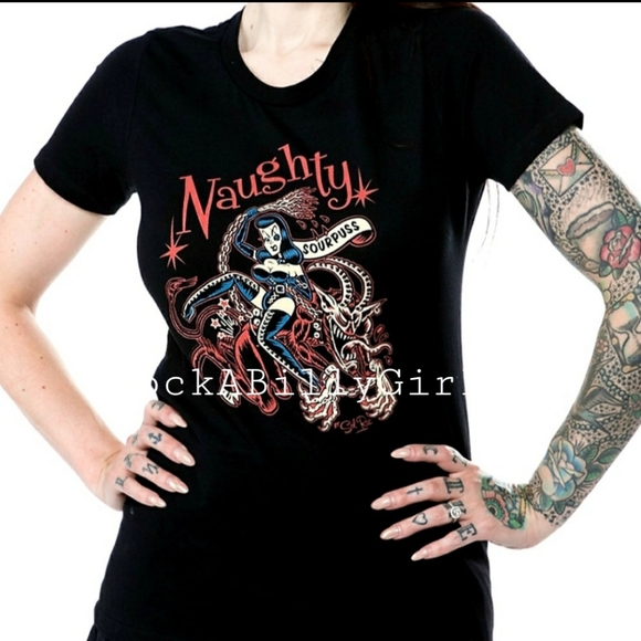 Sourpuss Naughty Natasha Fatale Riding Krampus Christmas Monster Tattoo Art Top - Picture 1 of 5
